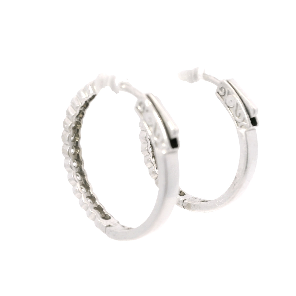 14K White Gold Natural 1.15 Carat Round Brilliant Diamond Bezel Set Hoop Earrings