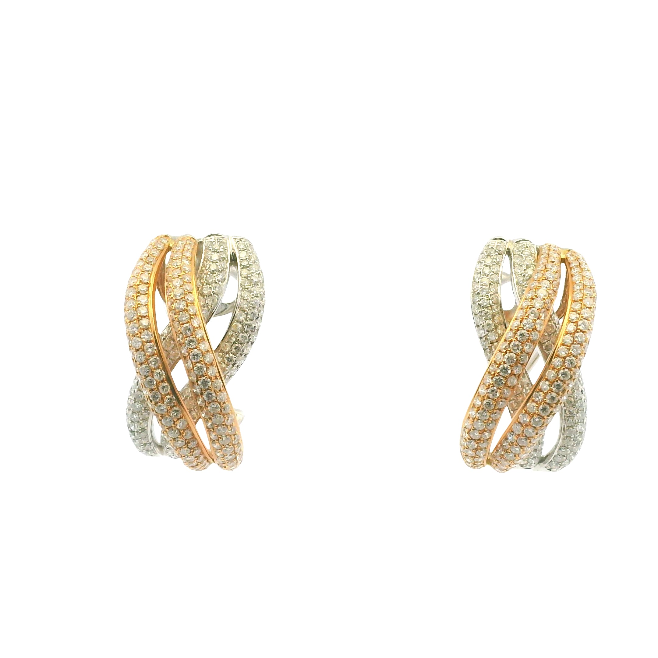 18K Two-Tone Pave Natural Round Brilliant Cut Diamond X-Style Earrings