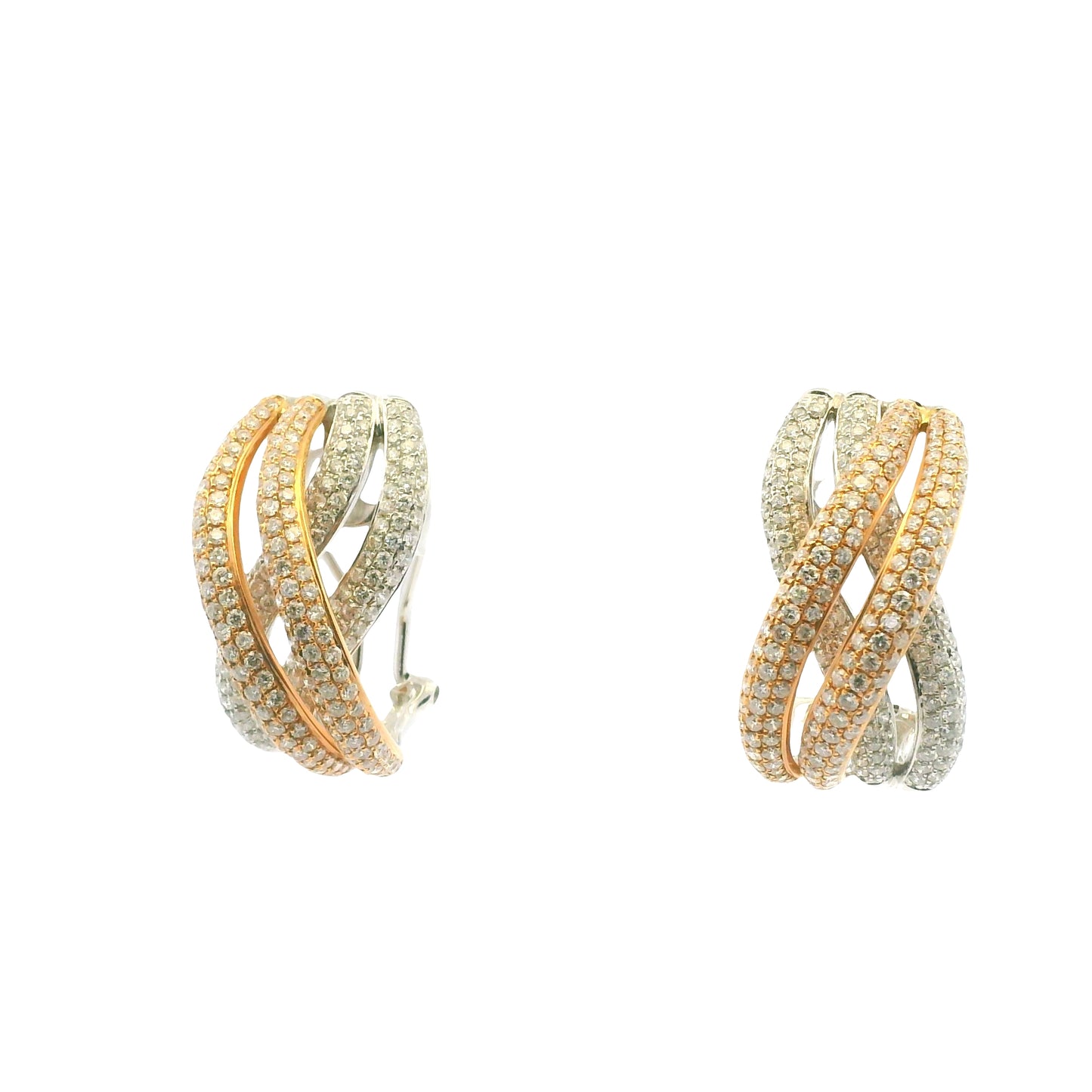 18K Two-Tone Pave Natural Round Brilliant Cut Diamond X-Style Earrings