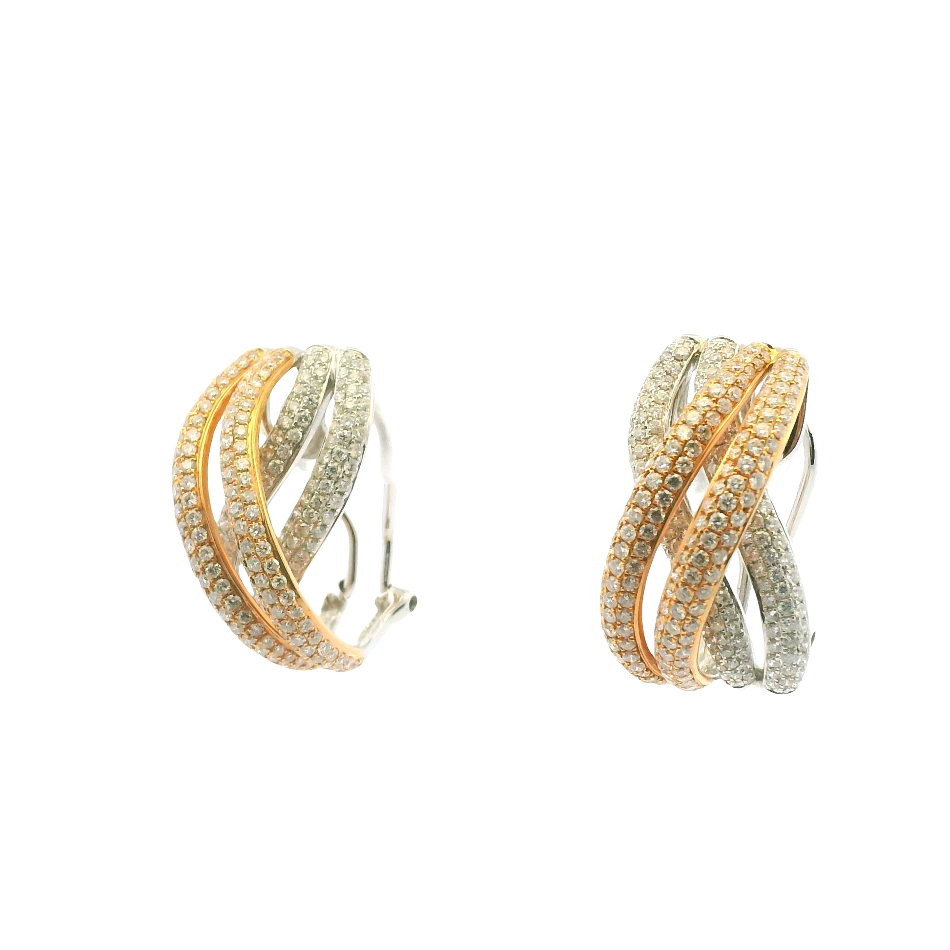 18K Two-Tone Pave Natural Round Brilliant Cut Diamond X-Style Earrings