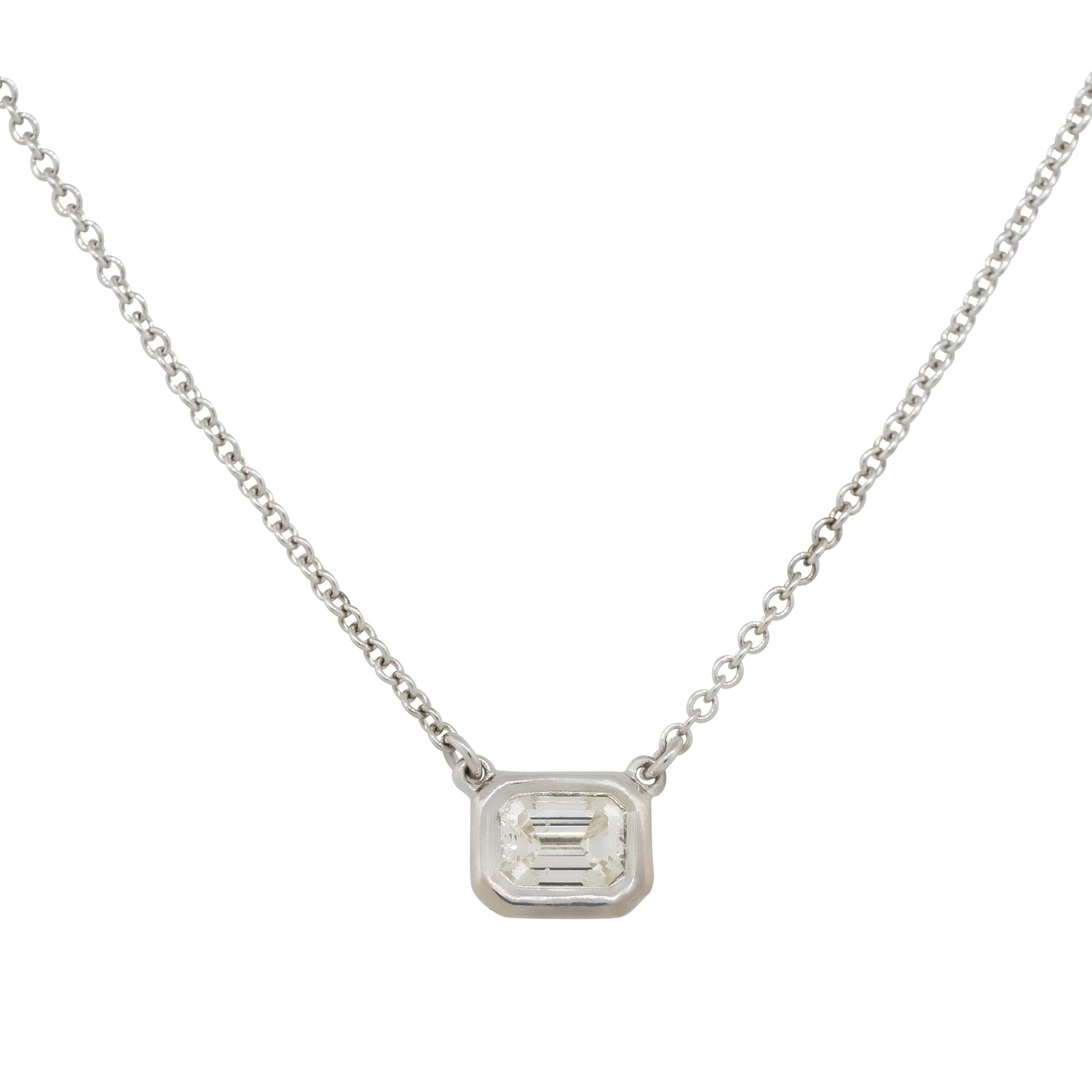 18k White Gold 0.44ctw Emerald Cut Bezel Set Pendant Necklace
