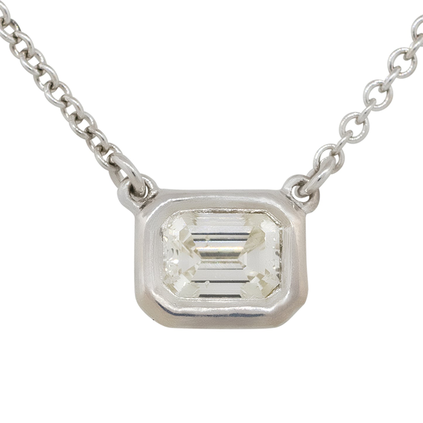 18k White Gold 0.44ctw Emerald Cut Bezel Set Pendant Necklace