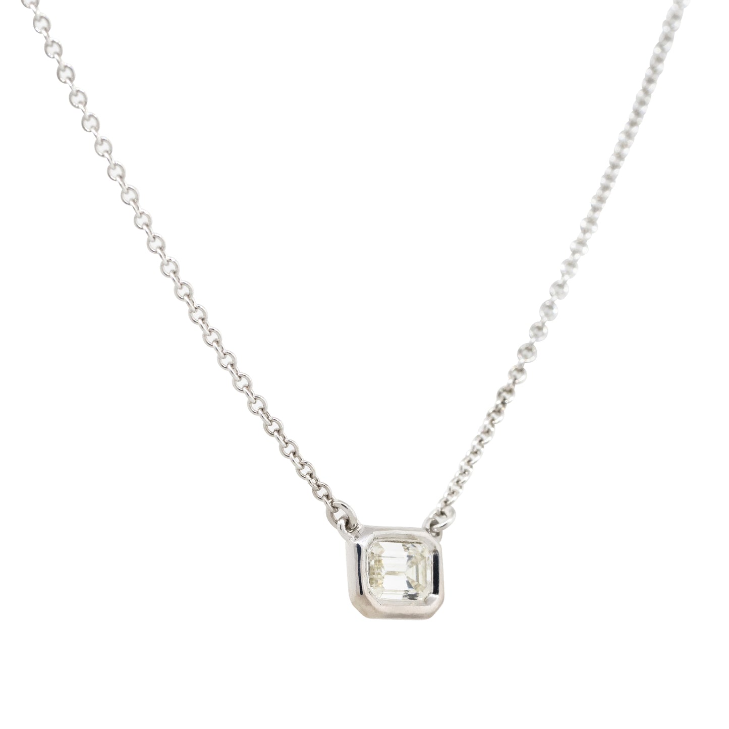 18k White Gold 0.44ctw Emerald Cut Bezel Set Pendant Necklace