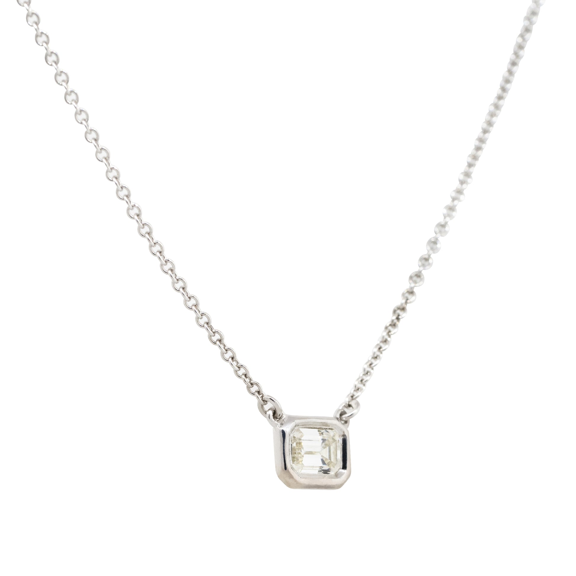 18k White Gold 0.44ctw Emerald Cut Bezel Set Pendant Necklace