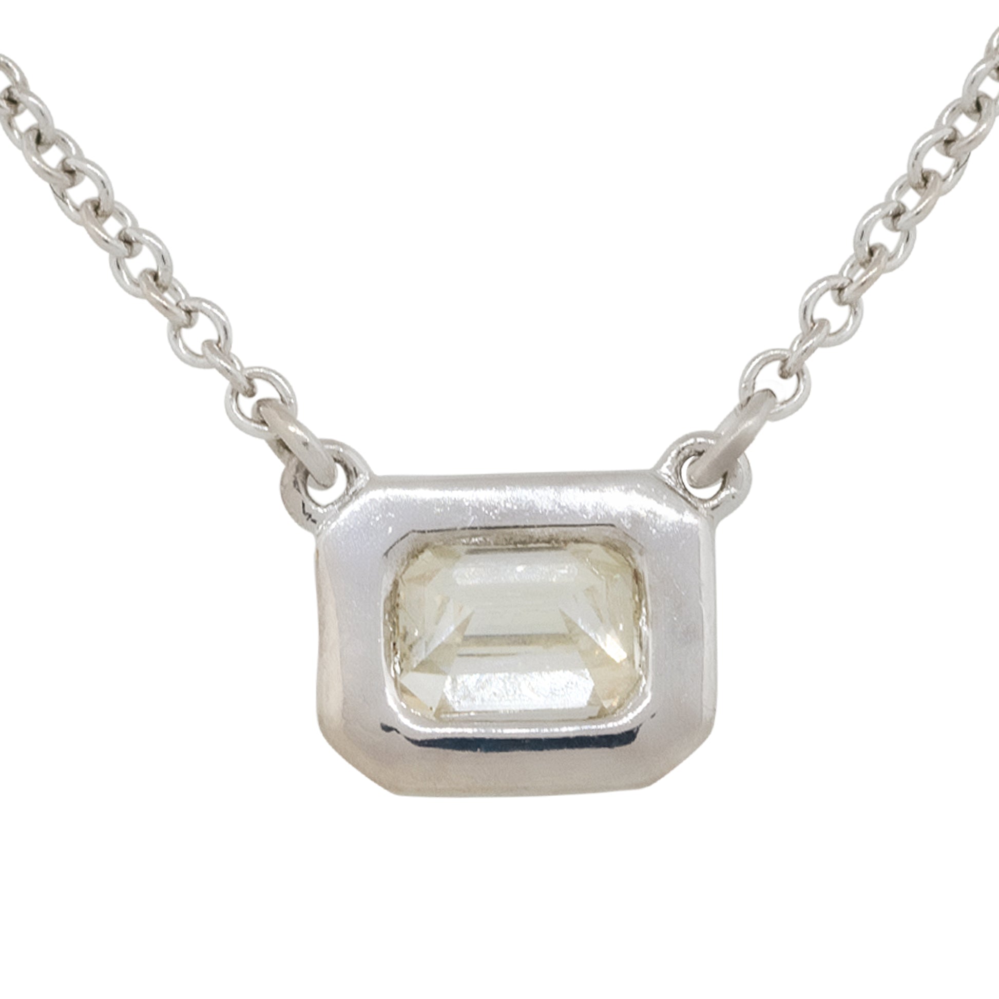 18k White Gold 0.44ctw Emerald Cut Bezel Set Pendant Necklace