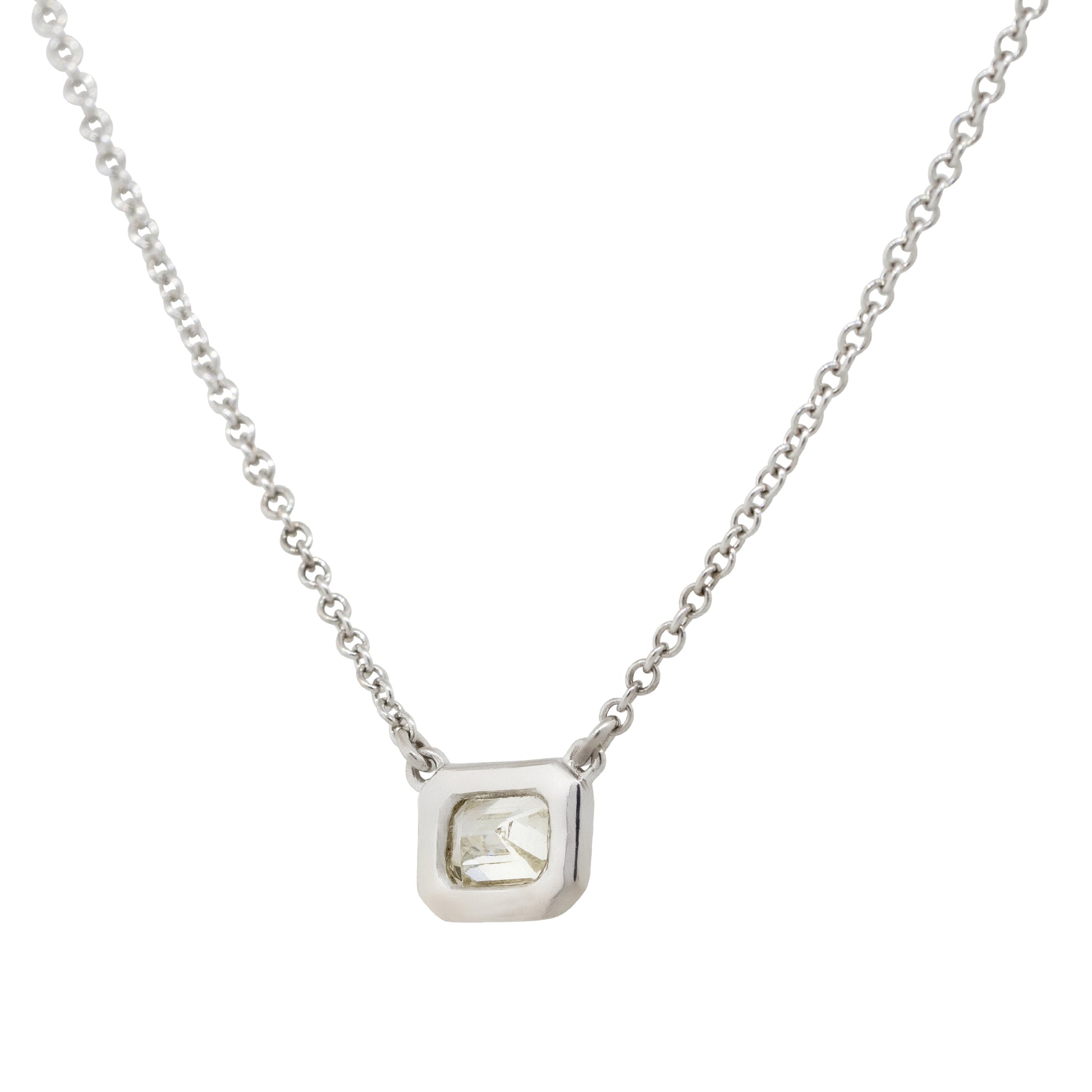 18k White Gold 0.44ctw Emerald Cut Bezel Set Pendant Necklace