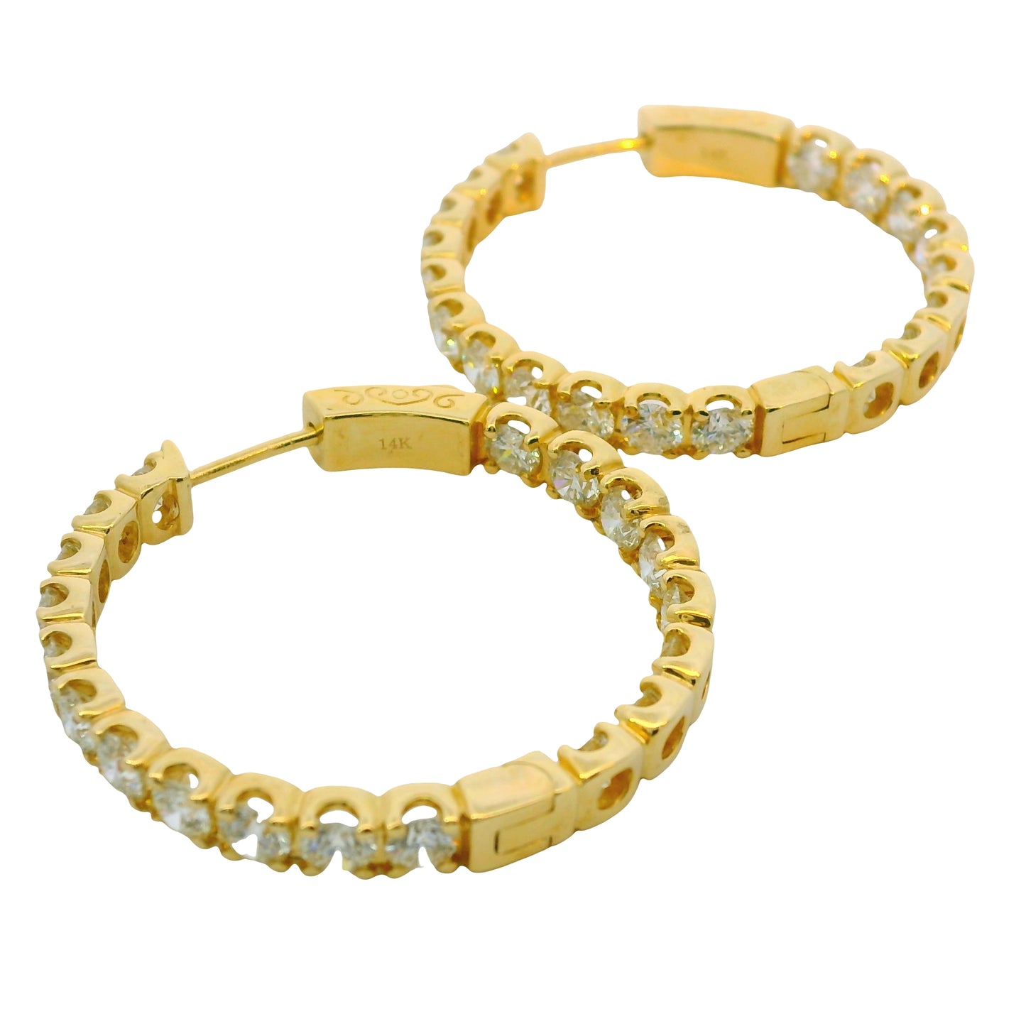 14K Yellow Gold Natural 5.05 Carat Diamond Inside/Out Hoop Earrings