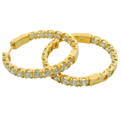 14K Yellow Gold Natural 5.05 Carat Diamond Inside/Out Hoop Earrings