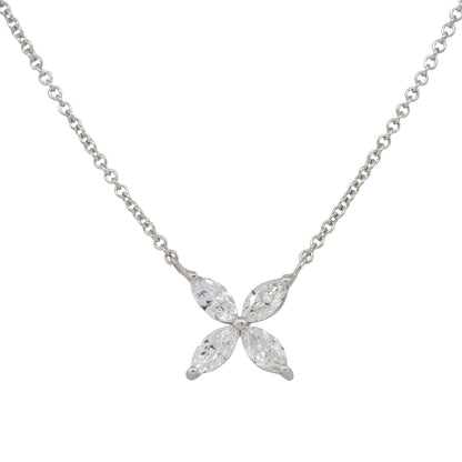 14k White Gold 0.62ctw Marquise Diamond Flower Pendant Necklace