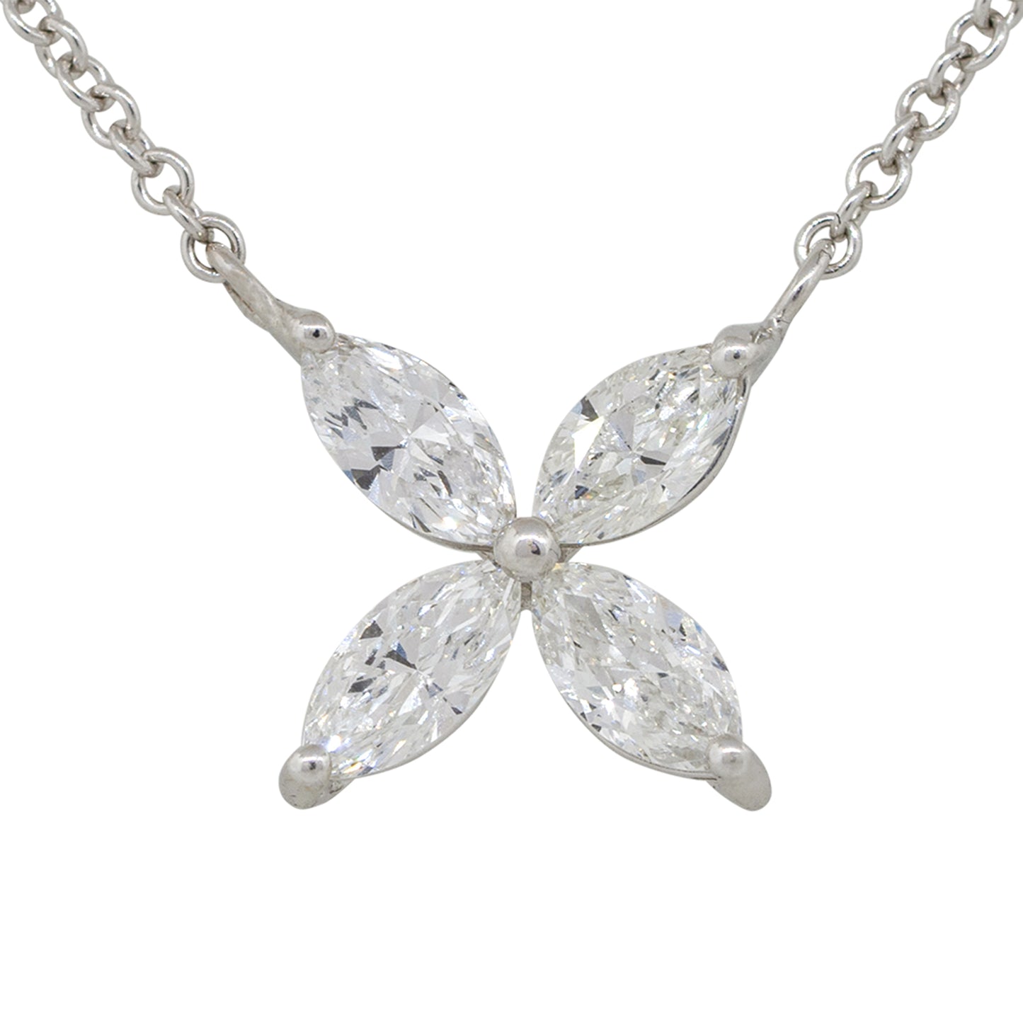 14k White Gold 0.62ctw Marquise Diamond Flower Pendant Necklace