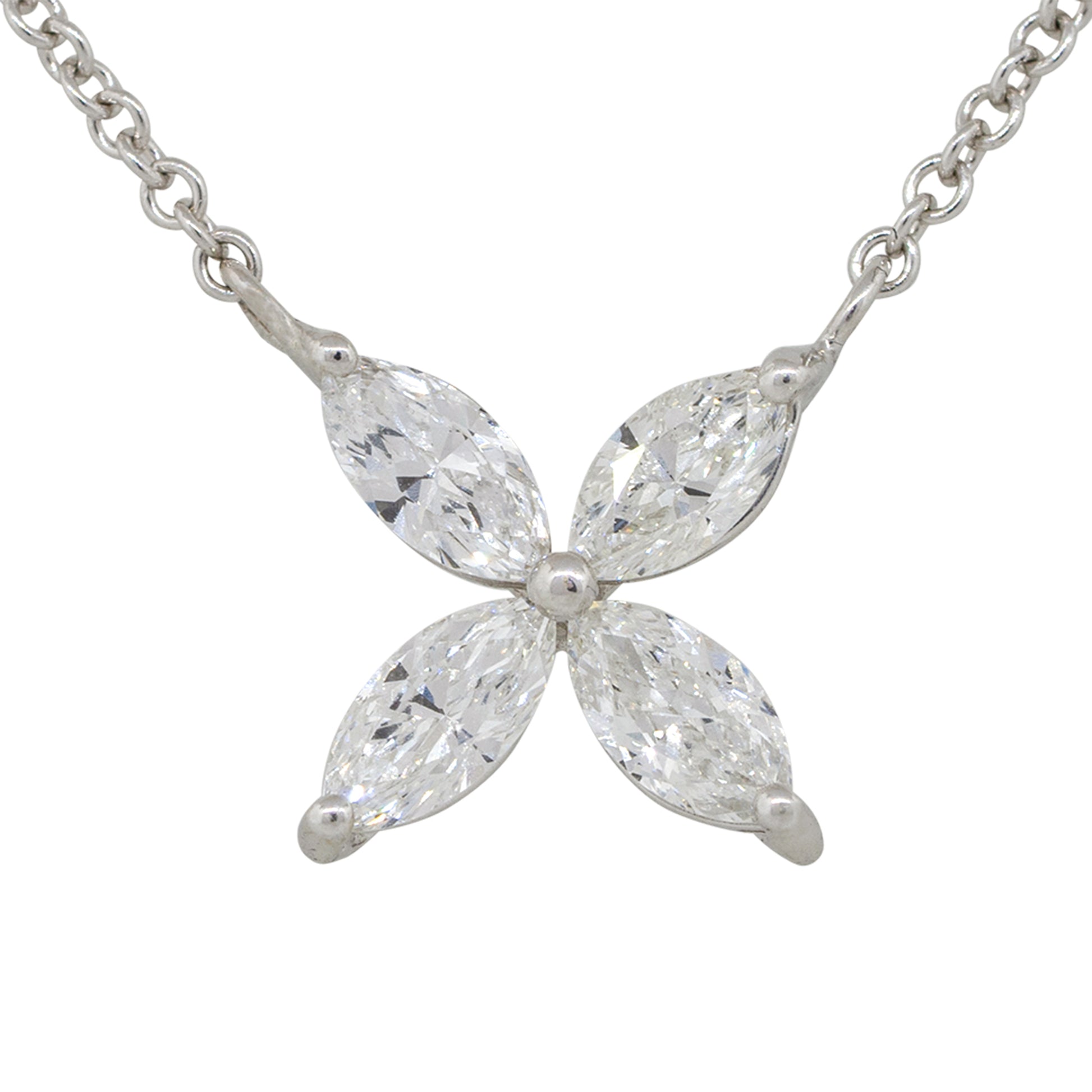 14k White Gold 0.62ctw Marquise Diamond Flower Pendant Necklace