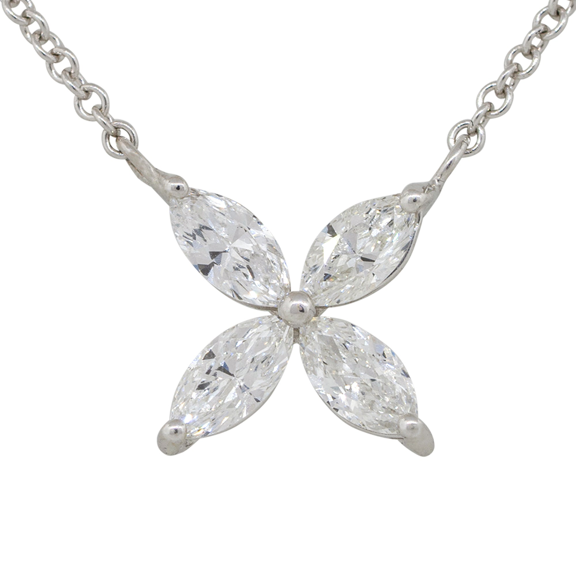 14k White Gold 0.62ctw Marquise Diamond Flower Pendant Necklace