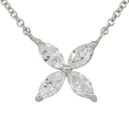 14k White Gold 0.62ctw Marquise Diamond Flower Pendant Necklace