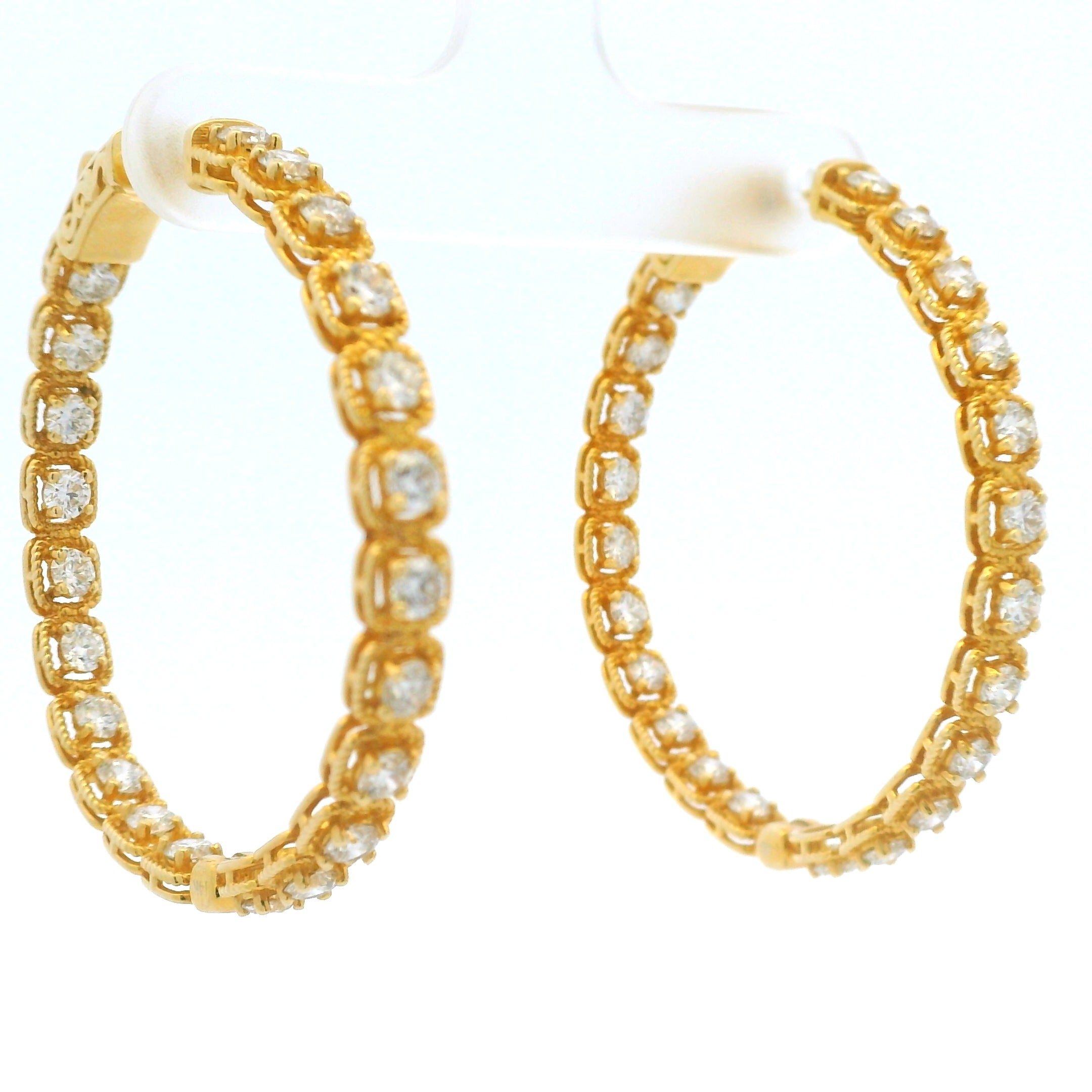 14K Yellow Gold Natural Round Brilliant Diamond Bezel Set Hoop Earrings