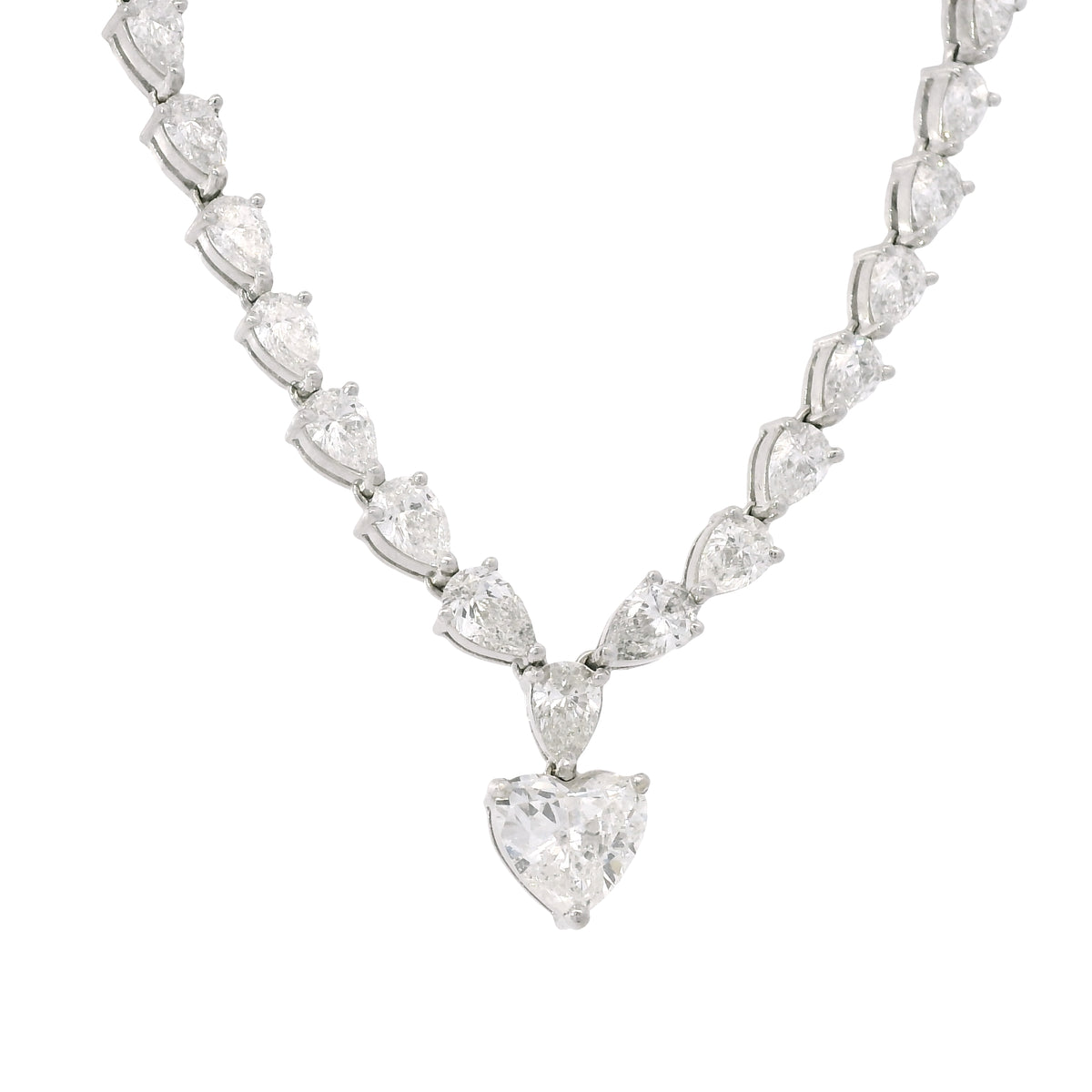 18k White Gold Heart Shape Diamond Pendant & Pear Shape Diamond Tennis Necklace