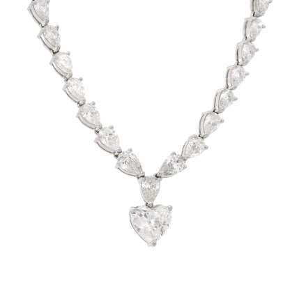 18k White Gold Heart Shape Diamond Pendant & Pear Shape Diamond Tennis Necklace