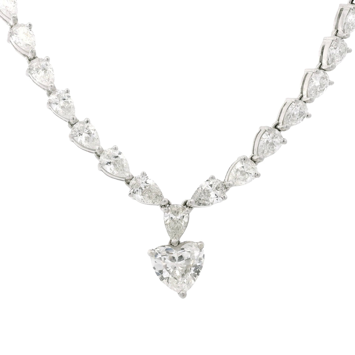 18k White Gold Heart Shape Diamond Pendant & Pear Shape Diamond Tennis Necklace