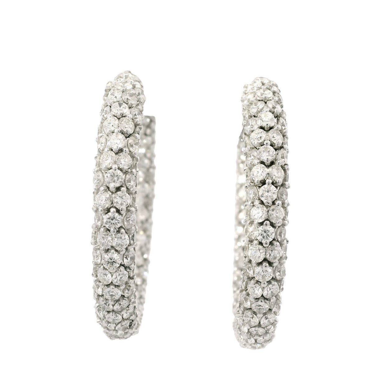 18k White Gold Natural 16.52 Carat Round Diamond Full Pave Hoop Earrings