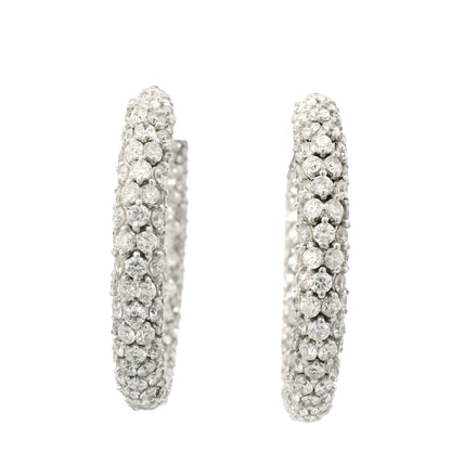 18k White Gold Natural 16.52 Carat Round Diamond Full Pave Hoop Earrings