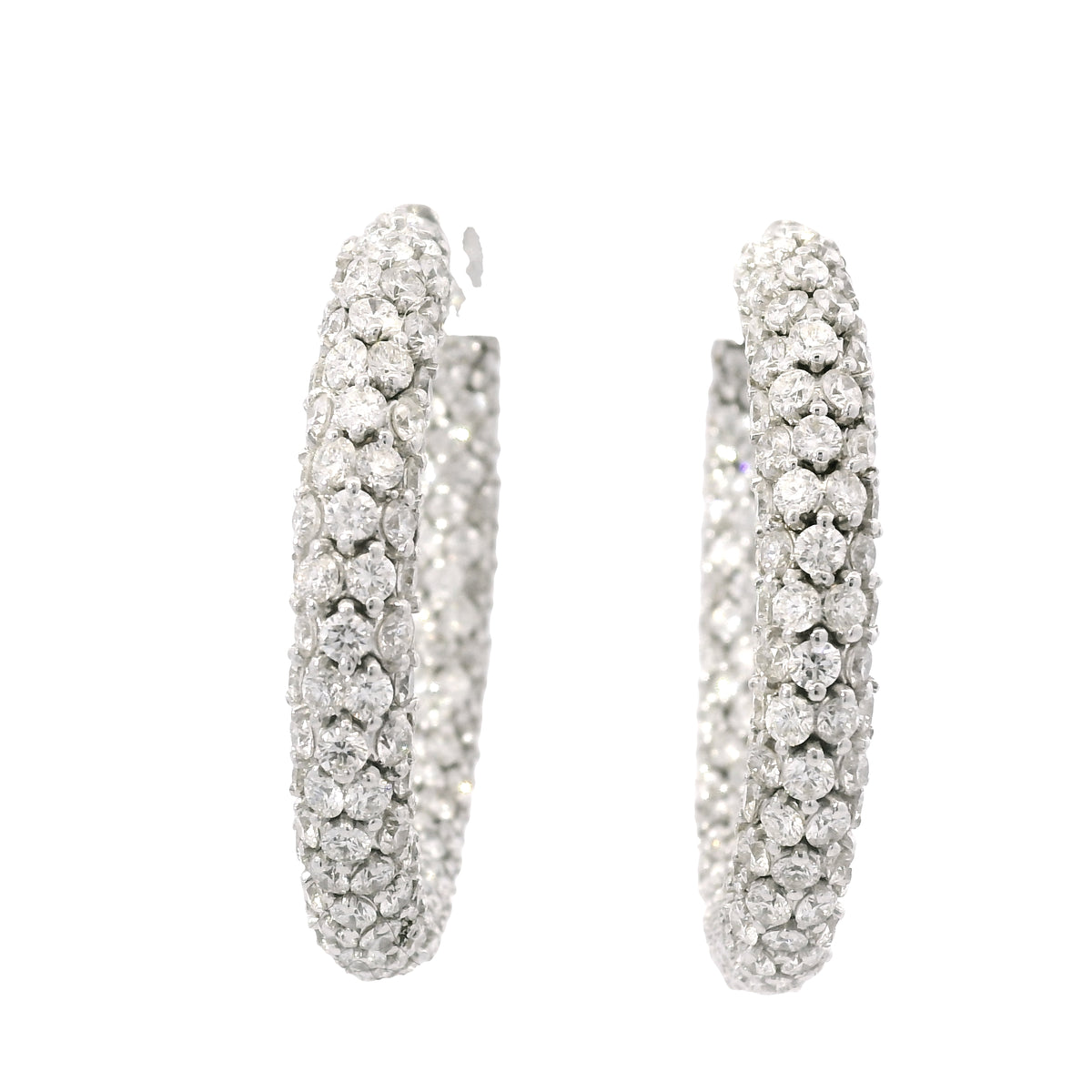 18k White Gold Natural 16.52 Carat Round Diamond Full Pave Hoop Earrings