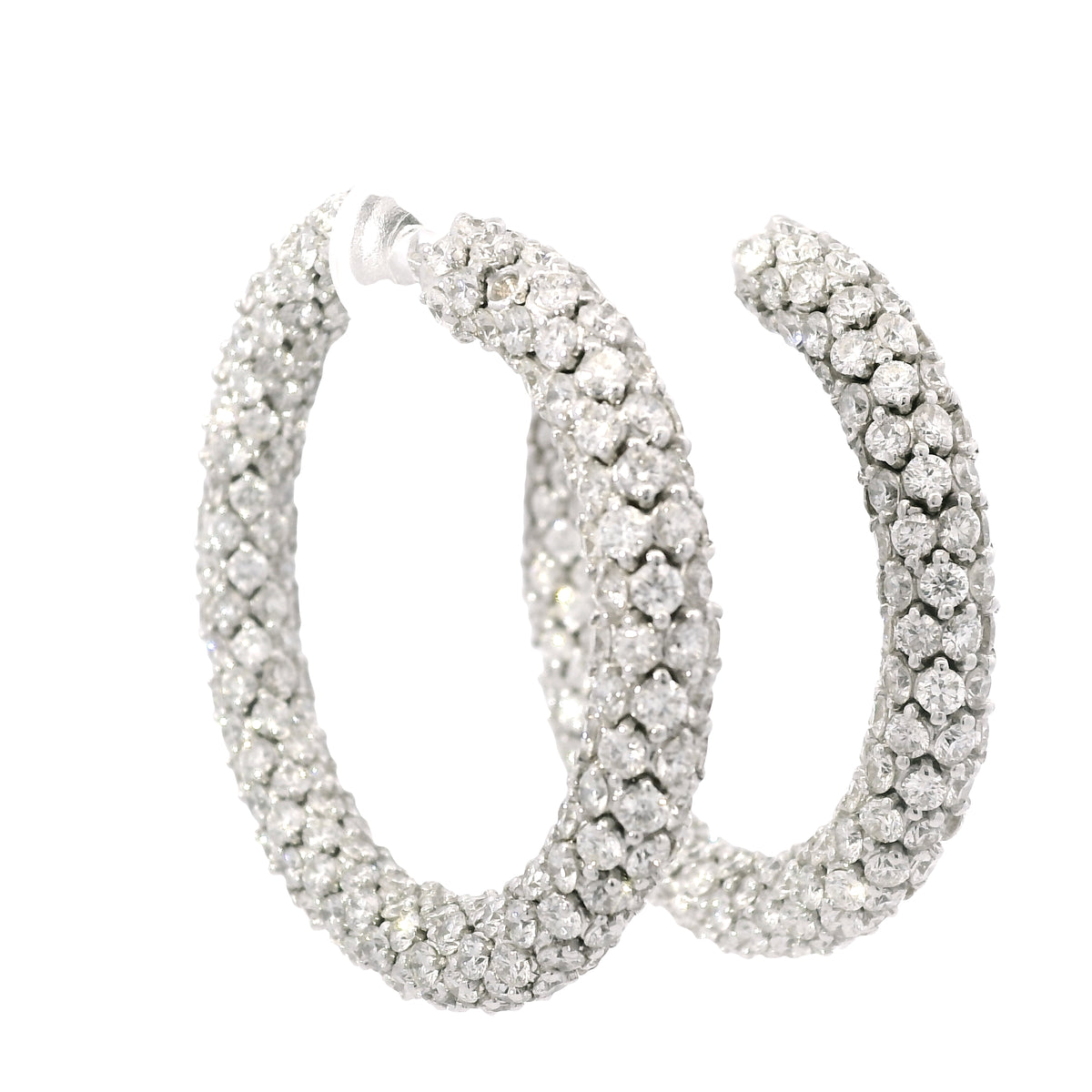 18k White Gold Natural 16.52 Carat Round Diamond Full Pave Hoop Earrings