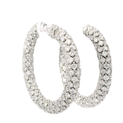 18k White Gold Natural 16.52 Carat Round Diamond Full Pave Hoop Earrings