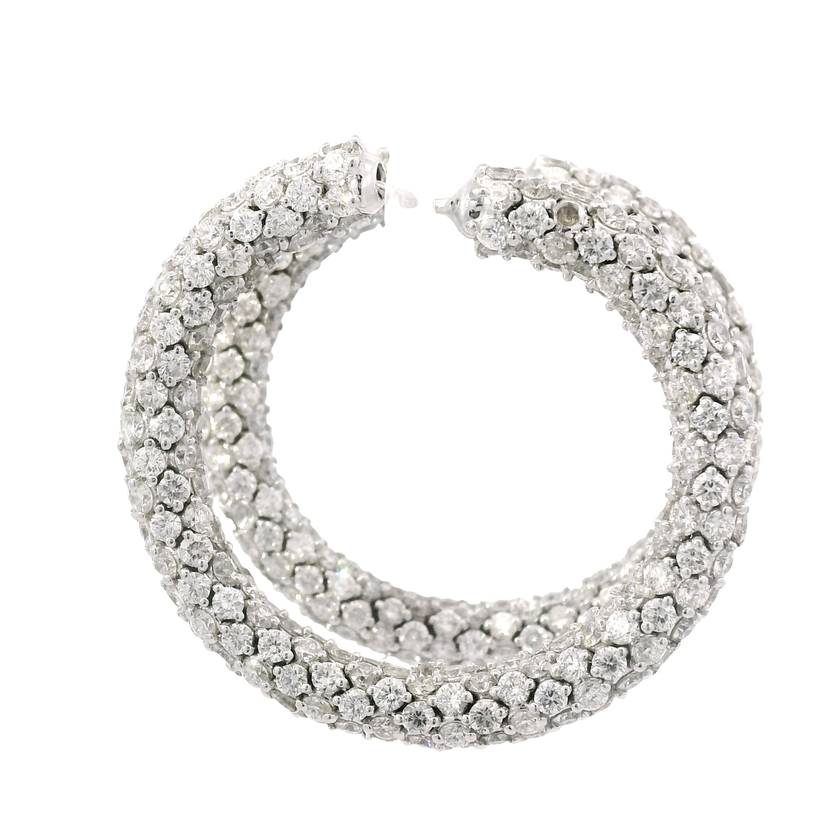 18k White Gold Natural 16.52 Carat Round Diamond Full Pave Hoop Earrings