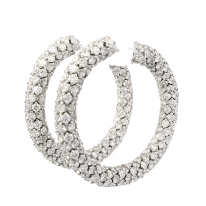 18k White Gold Natural 16.52 Carat Round Diamond Full Pave Hoop Earrings