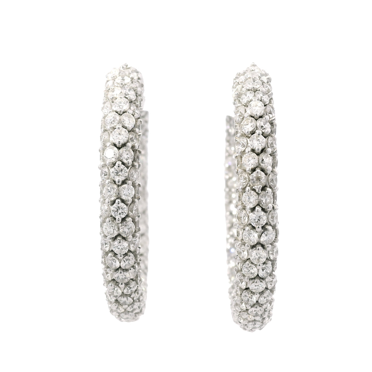 18k White Gold Natural 16.52 Carat Round Diamond Full Pave Hoop Earrings