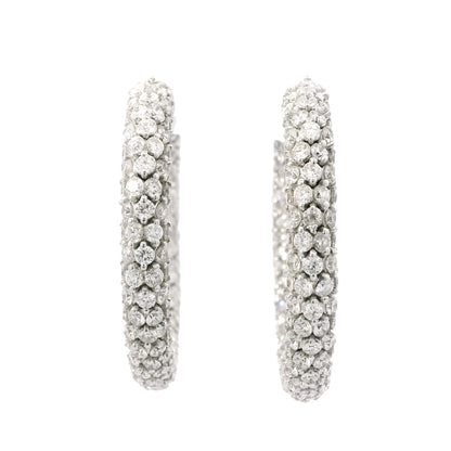 18k White Gold Natural 16.52 Carat Round Diamond Full Pave Hoop Earrings
