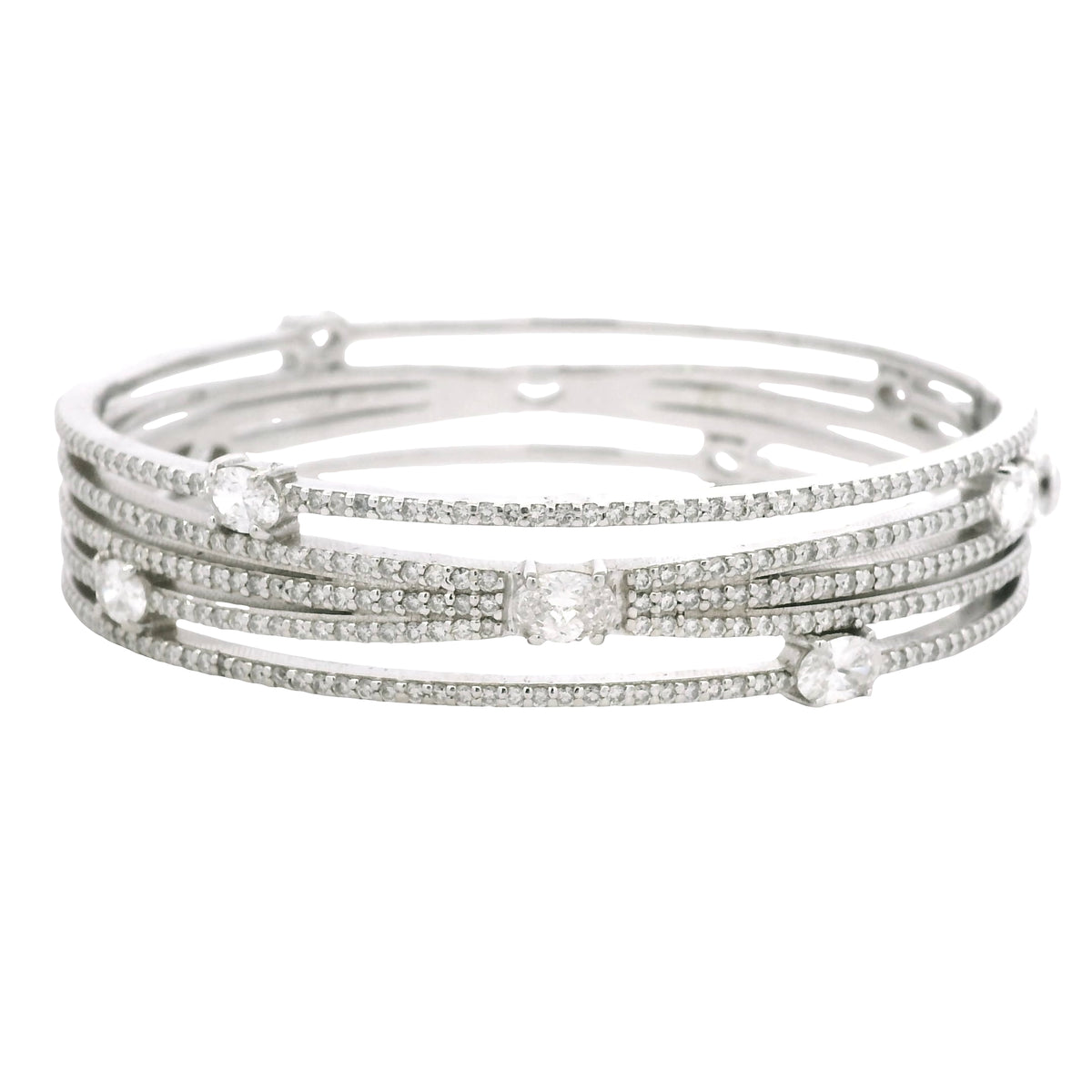 14K White Gold Natural 8.40 Carat Oval & Round Diamond Wide Bangle Bracelet