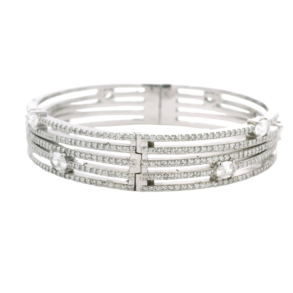 14K White Gold Natural 8.40 Carat Oval & Round Diamond Wide Bangle Bracelet