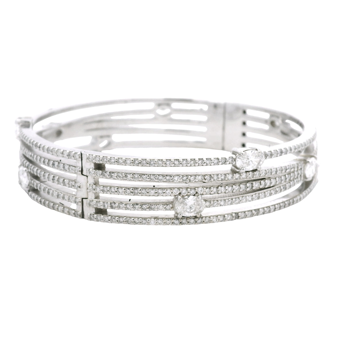 14K White Gold Natural 8.40 Carat Oval & Round Diamond Wide Bangle Bracelet