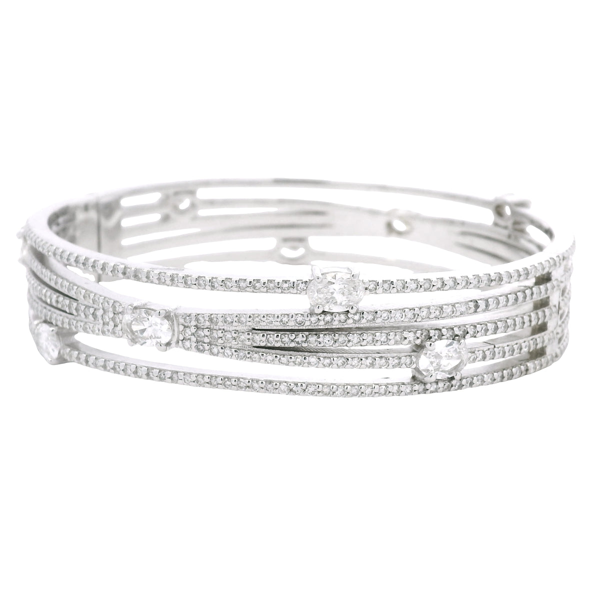 14K White Gold Natural 8.40 Carat Oval & Round Diamond Wide Bangle Bracelet