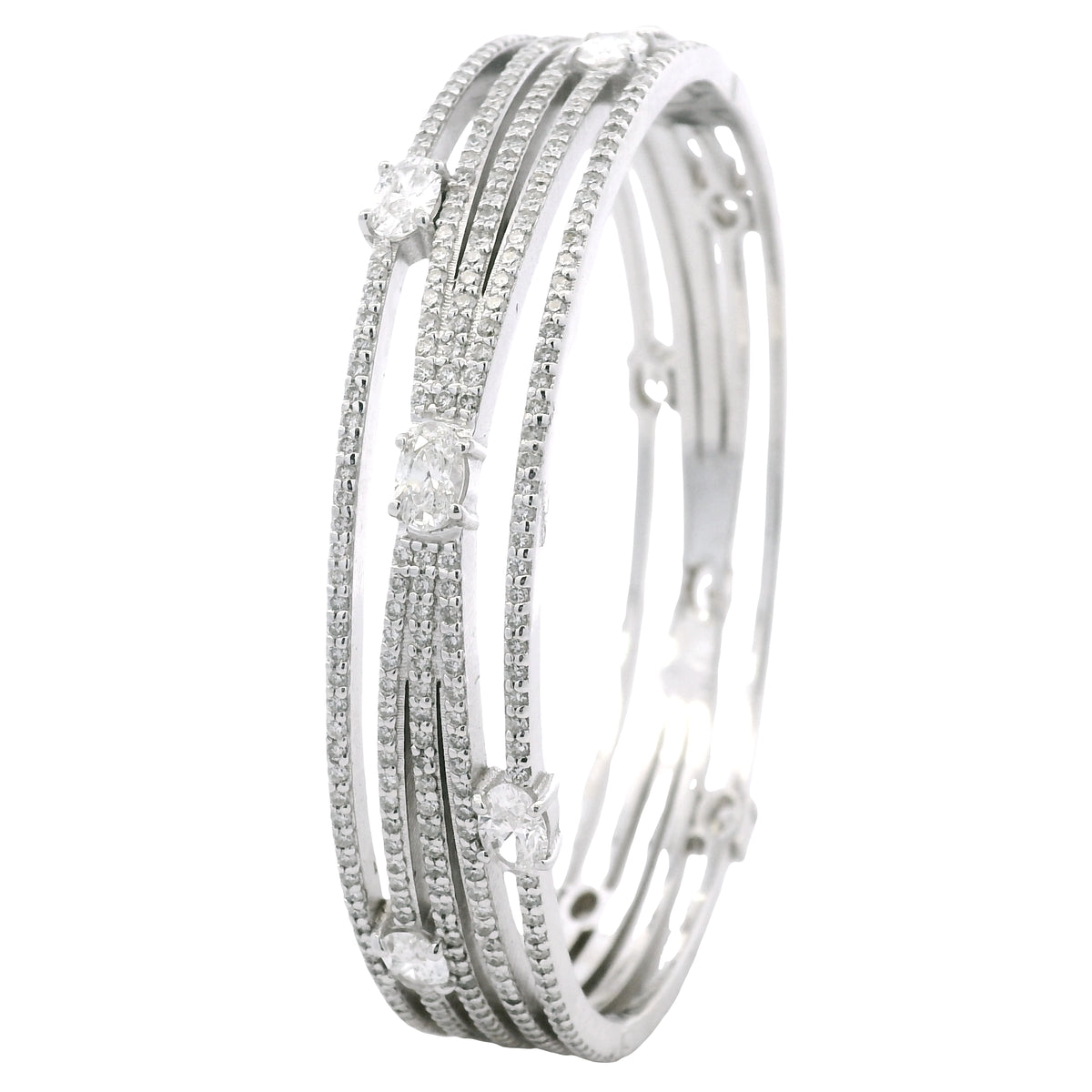 14K White Gold Natural 8.40 Carat Oval & Round Diamond Wide Bangle Bracelet