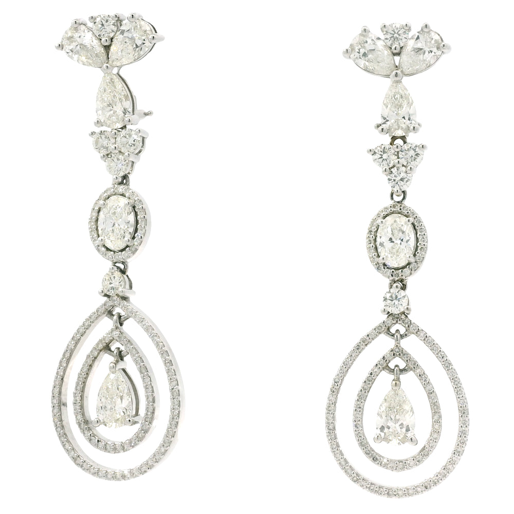 18K White Gold Natural 8.23 Carat Oval, Pear & Round Diamond Drop Earrings
