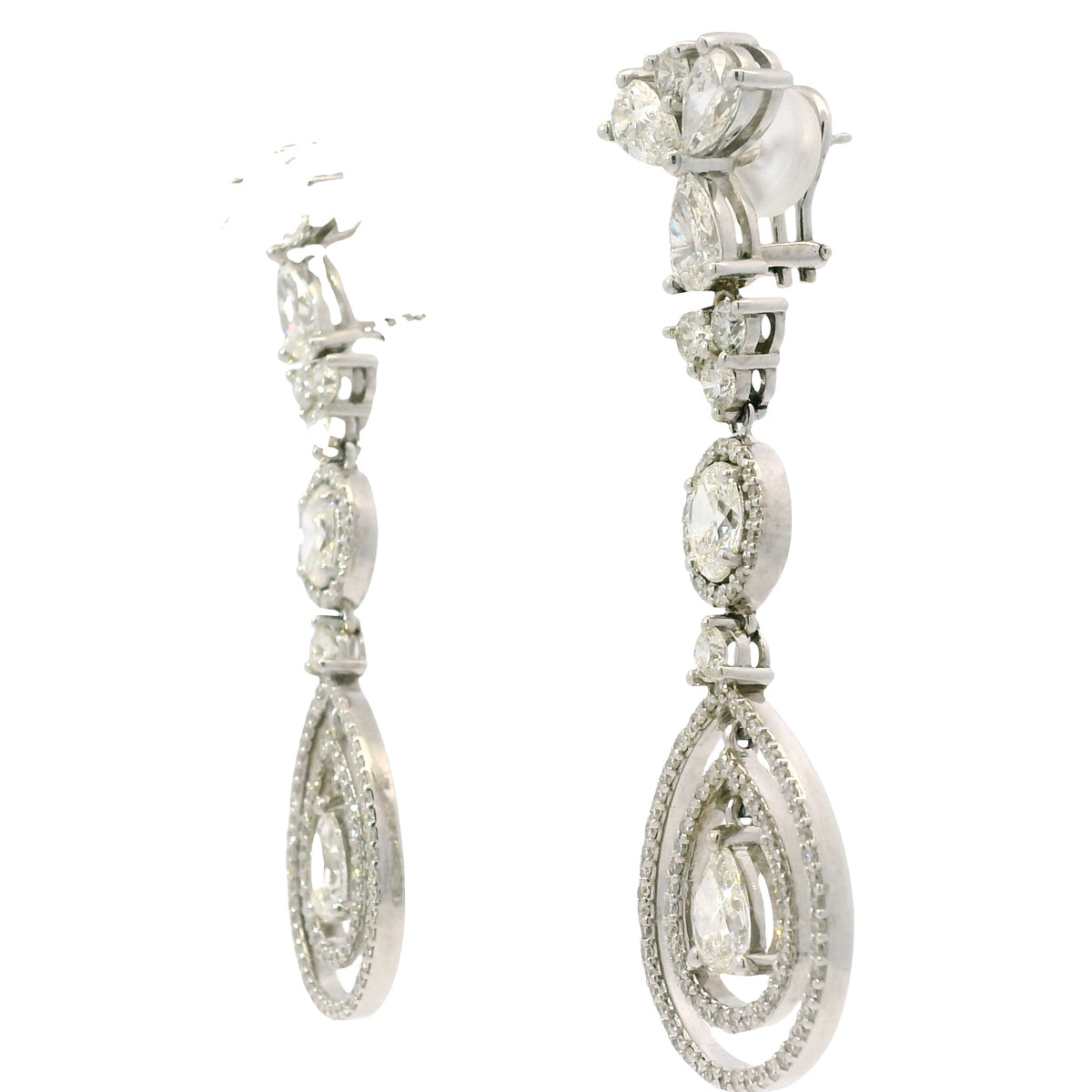 18K White Gold Natural 8.23 Carat Oval, Pear & Round Diamond Drop Earrings