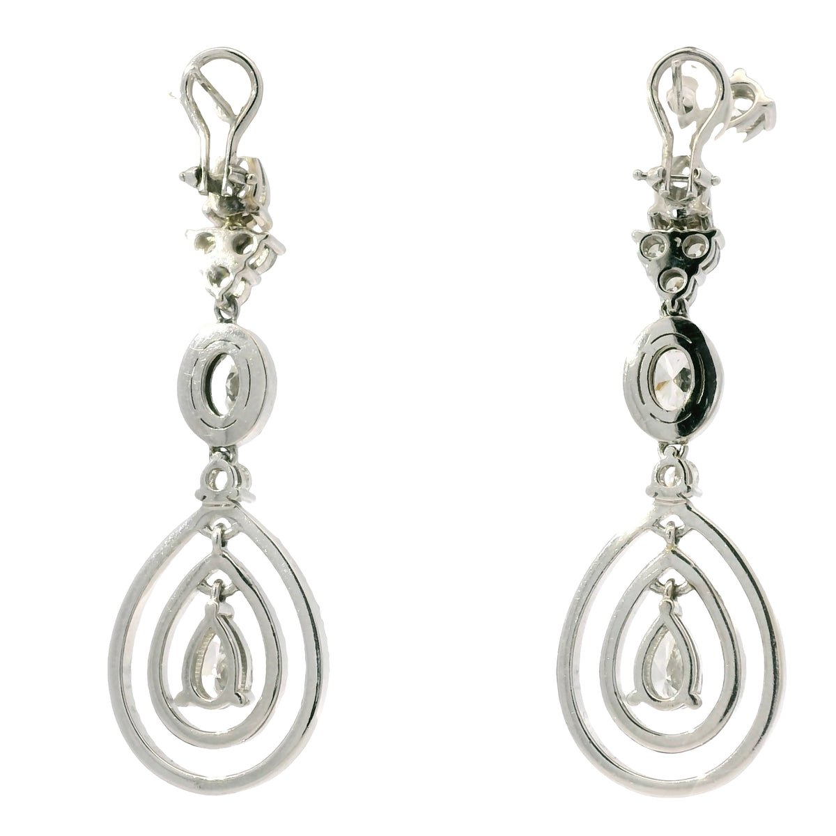18K White Gold Natural 8.23 Carat Oval, Pear & Round Diamond Drop Earrings