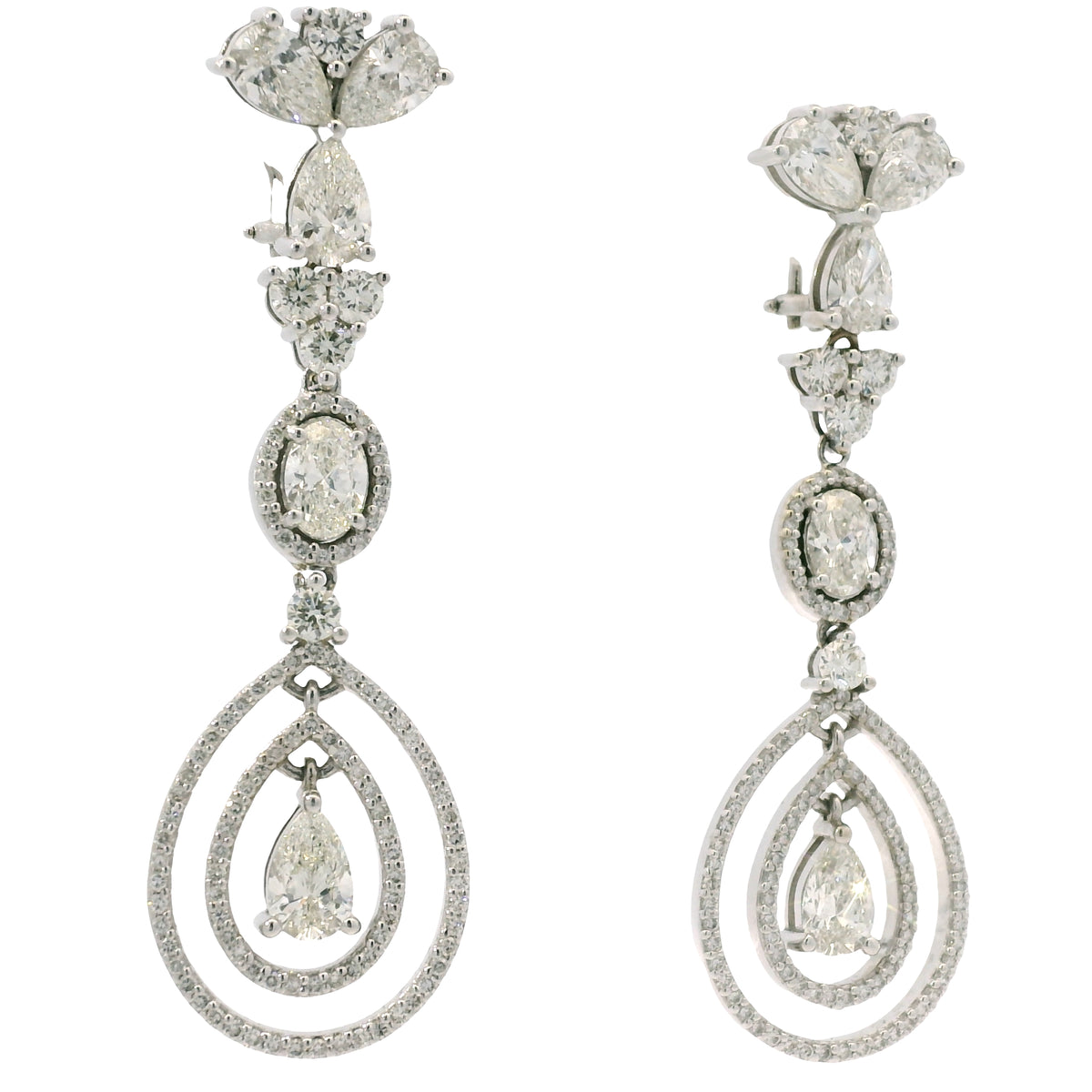 18K White Gold Natural 8.23 Carat Oval, Pear & Round Diamond Drop Earrings