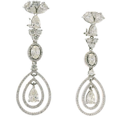 18K White Gold Natural 8.23 Carat Oval, Pear & Round Diamond Drop Earrings