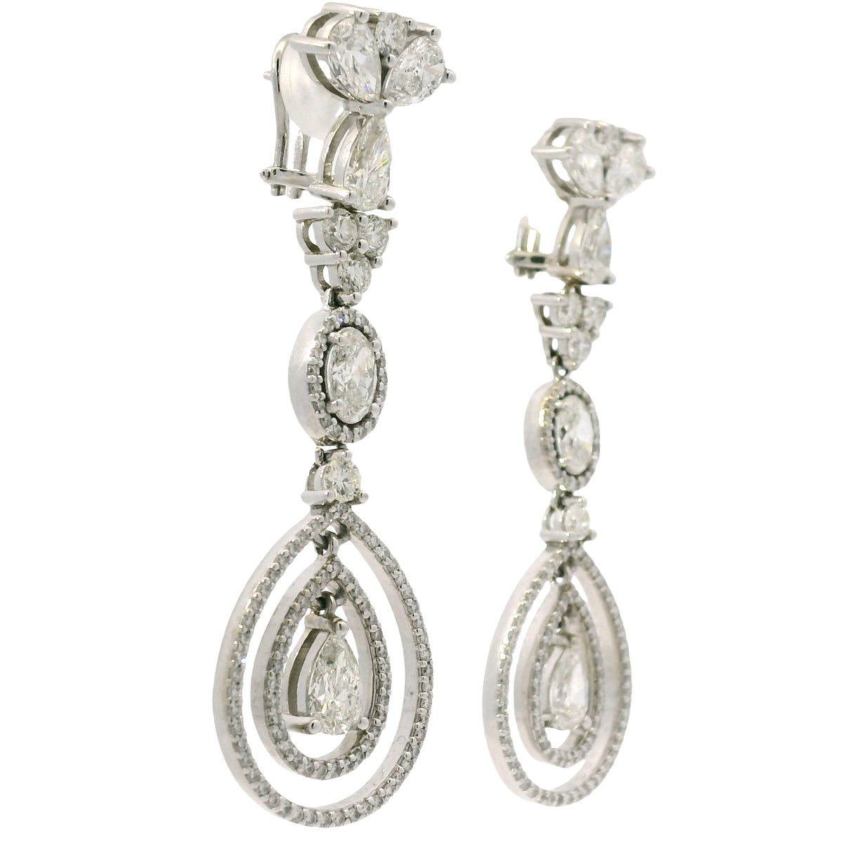 18K White Gold Natural 8.23 Carat Oval, Pear & Round Diamond Drop Earrings