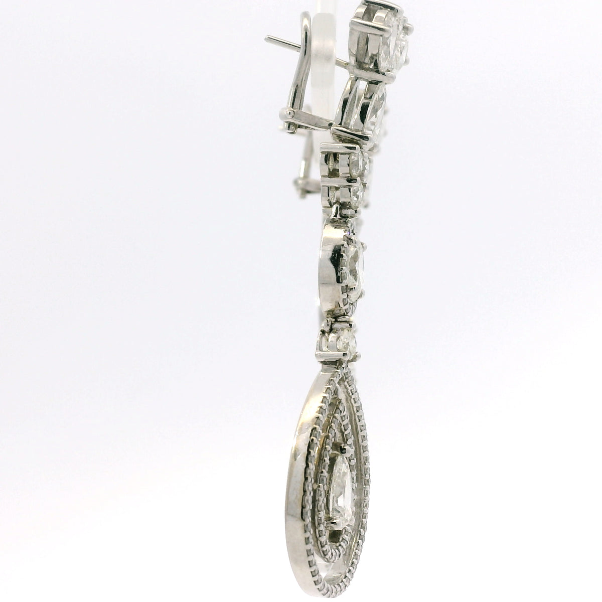 18K White Gold Natural 8.23 Carat Oval, Pear & Round Diamond Drop Earrings