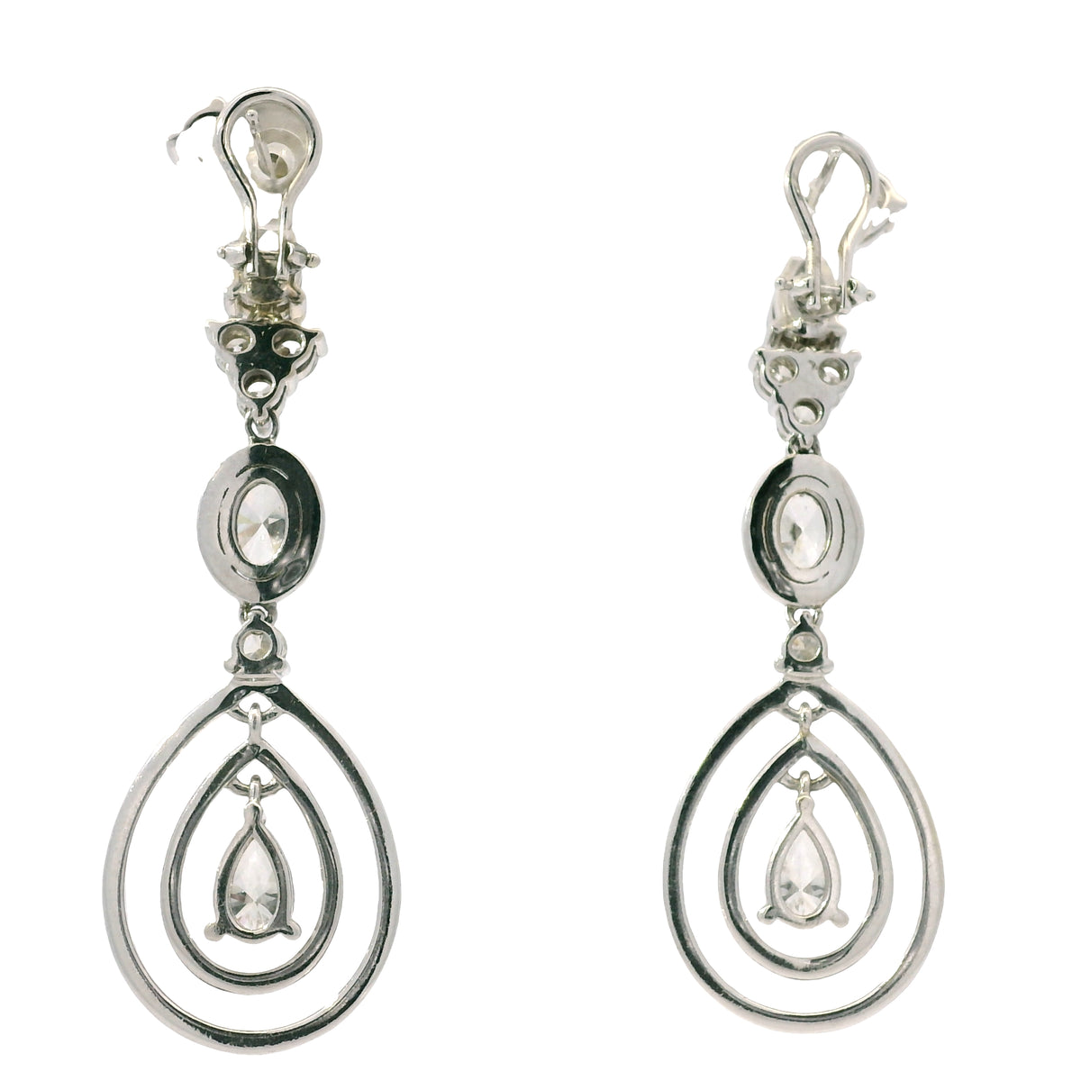 18K White Gold Natural 8.23 Carat Oval, Pear & Round Diamond Drop Earrings