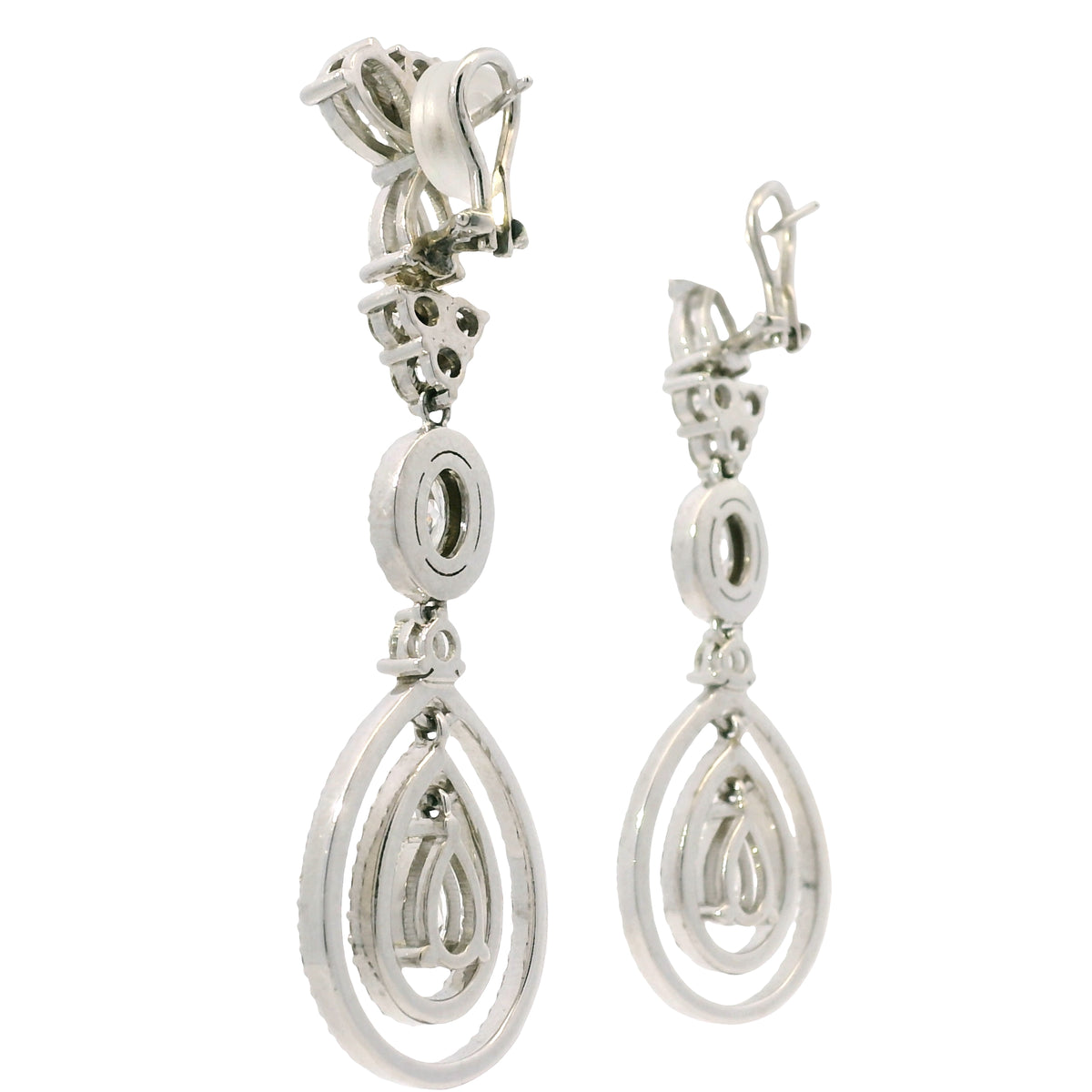 18K White Gold Natural 8.23 Carat Oval, Pear & Round Diamond Drop Earrings