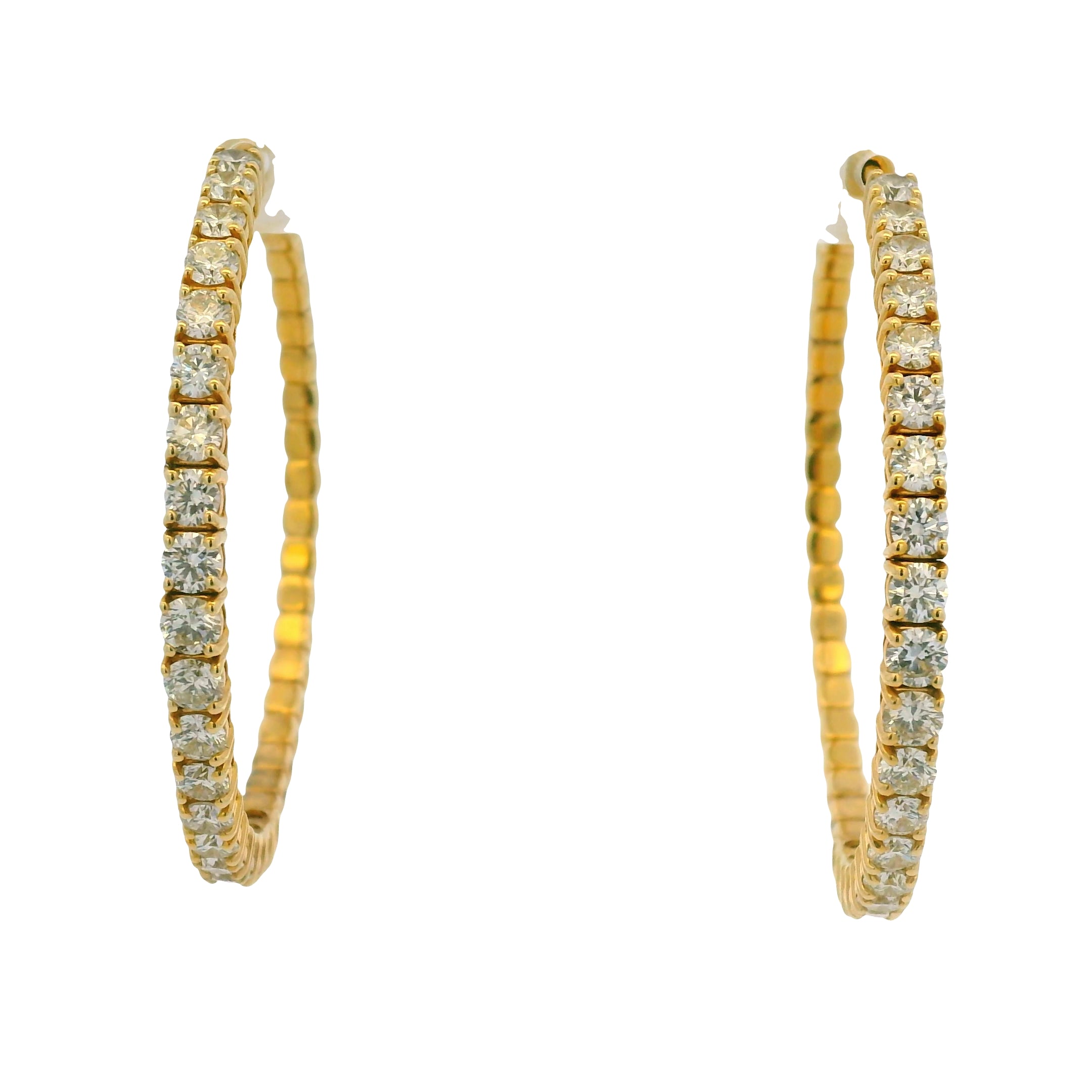 14K Yellow Gold Natural 3.94 Carat Round Brilliant Diamond Large Hoop Earrings