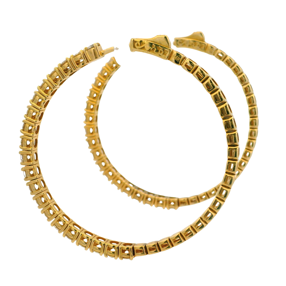 14K Yellow Gold Natural 3.94 Carat Round Brilliant Diamond Large Hoop Earrings