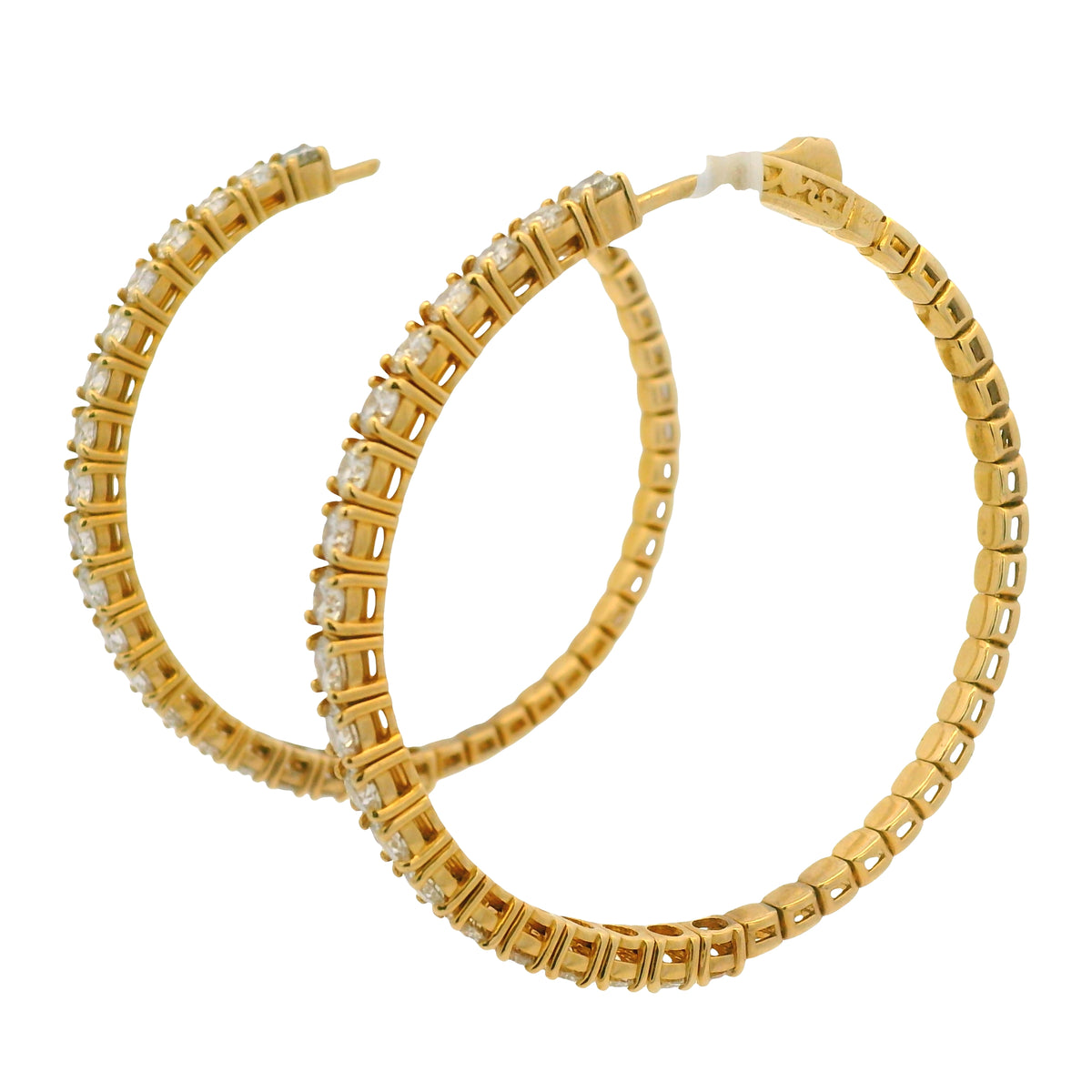 14K Yellow Gold Natural 3.94 Carat Round Brilliant Diamond Large Hoop Earrings