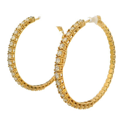 14K Yellow Gold Natural 3.94 Carat Round Brilliant Diamond Large Hoop Earrings