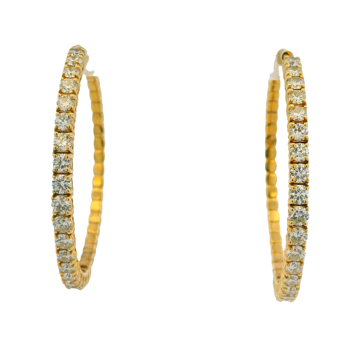 14K Yellow Gold Natural 3.94 Carat Round Brilliant Diamond Large Hoop Earrings