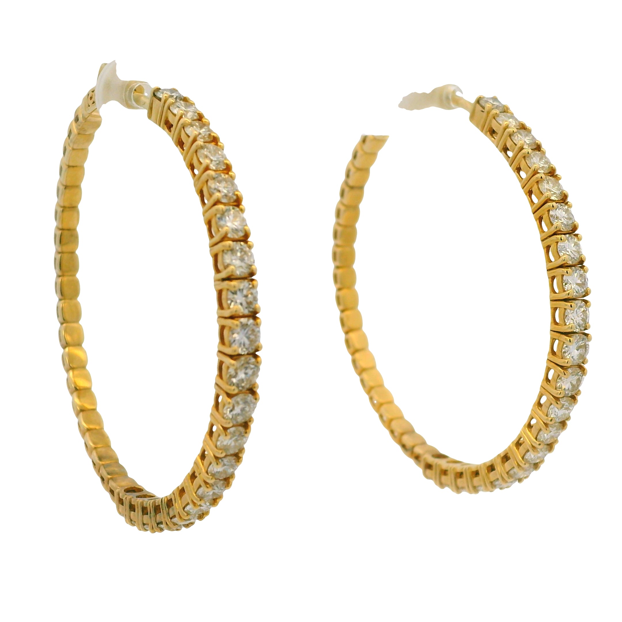 14K Yellow Gold Natural 3.94 Carat Round Brilliant Diamond Large Hoop Earrings